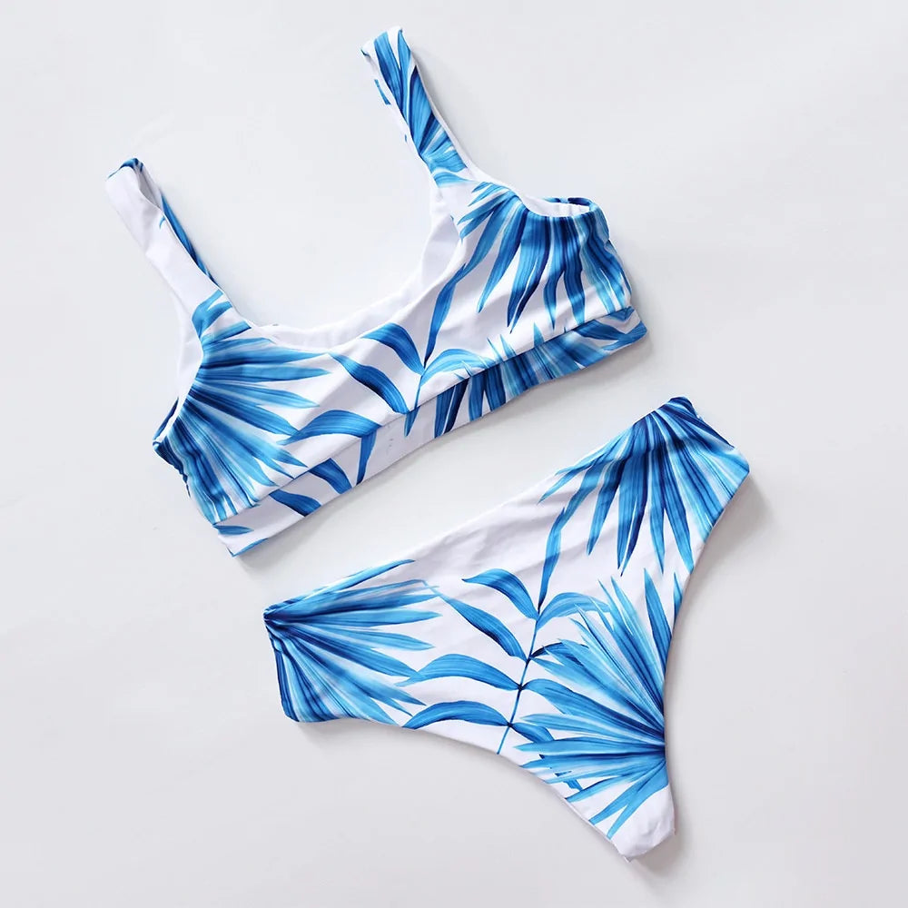 2021 Tropical Palm Leaf High Waist Bikini: Sexy Scoop Neck White Swimwear for Women